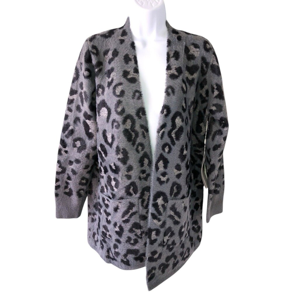 Evolution by Cryus Cardigan Womens Medium Gray Cheetah Fuzzy Soft Open Front NWT